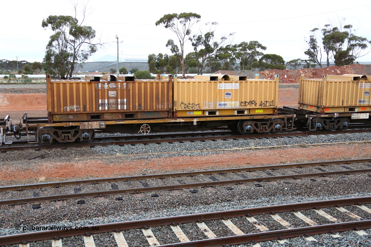 160524 4289
West Kalgoorlie, 1MP2 steel train, RKLY 20383, totally unrecognisable from original build by EPT NSW 1979-81 as part of a batch of two hundred BDY type 14.20 metre open waggons, had several recoding's prior to its current guise, loaded with two RH type coil containers or 'butter boxes' RH 166 and RH 277.
Keywords: RKLY-type;RKLY20383;EPT-NSW;BDY-type;NODY-type;