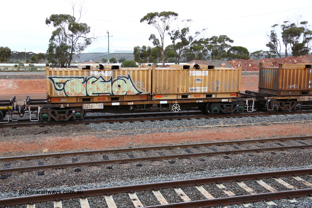160524 4290
West Kalgoorlie, 1MP2 steel train, RKLY 20209, totally unrecognisable from original build by EPT NSW 1979-81 as part of a batch of two hundred BDY type 14.20 metre open waggons, had several recoding's prior to its current guise, loaded with two RH type coil containers or 'butter boxes' RH 458 and RH 390.
Keywords: RKLY-type;RKLY20209;EPT-NSW;BDY-type;NODY-type;