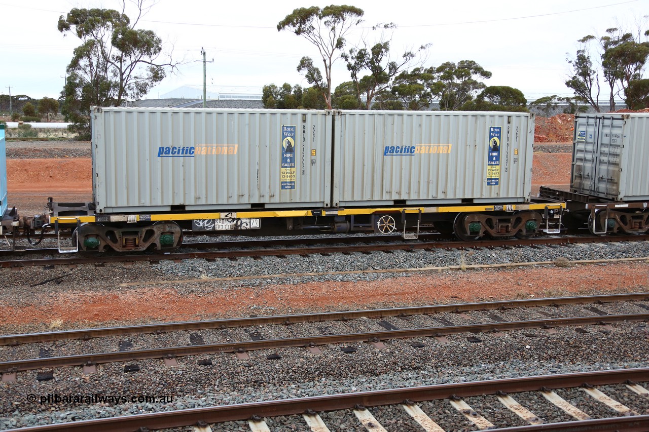 160524 4295
West Kalgoorlie, 1MP2 steel train, NQTY 20322, totally unrecognisable from original build by EPT NSW 1979-81 as part of a batch of two hundred BDY type 14.20 metre open waggons, had several recoding's prior to its current guise, loaded with two Royal Wolf 22G1 type 20' boxes RWLU 815002 and RWLU 815047.
Keywords: NQTY-type;NQTY20322;EPT-NSW;BDY-type;NODY-type;