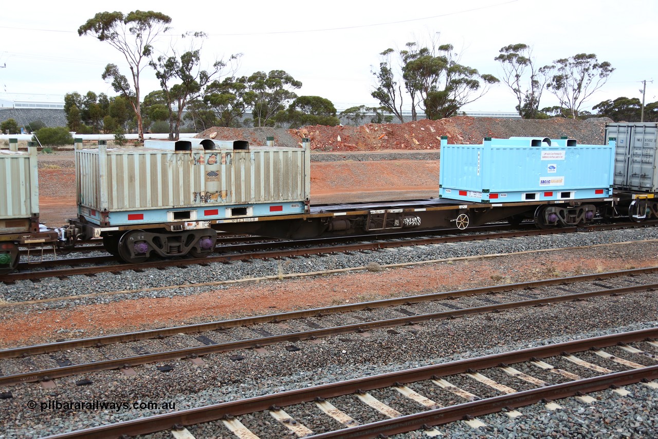 160524 4296
West Kalgoorlie, 1MP2 steel train, RQFY 106 container waggon, built by Victorian Railways Bendigo Workshops in 1980 as a batch of seventy five VQFX type skeletal container waggons, recoded to VQFY in 1985, recoded in April 1994 RQFY and 2CM bogies fitted August 1995. Loaded with two RV type coil containers or 'butter boxes' RV 070 and RV 066.
Keywords: RQFY-type;RQFY106;Victorian-Railways-Bendigo-WS;VQFX-type;VQFY-type;