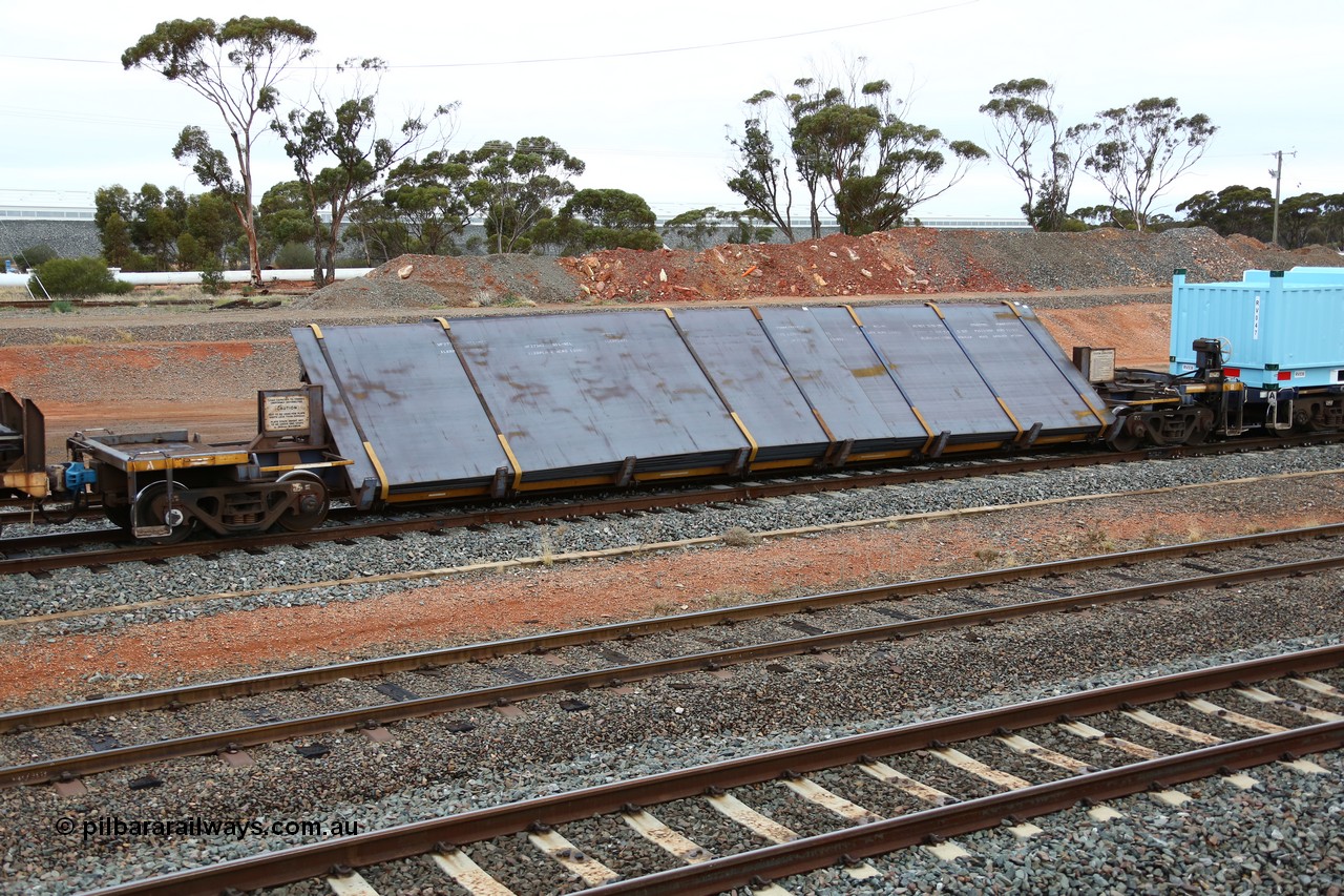 160524 4299
West Kalgoorlie, 1MP2 steel train, RKYY type wide steel plate tilt waggon RKYY 7091, one of twenty seven units built by AN Rail Islington Workshops in 1995-96. Loaded with steel plate.
Keywords: RKYY-type;RKYY7091;AN-Islington-WS;