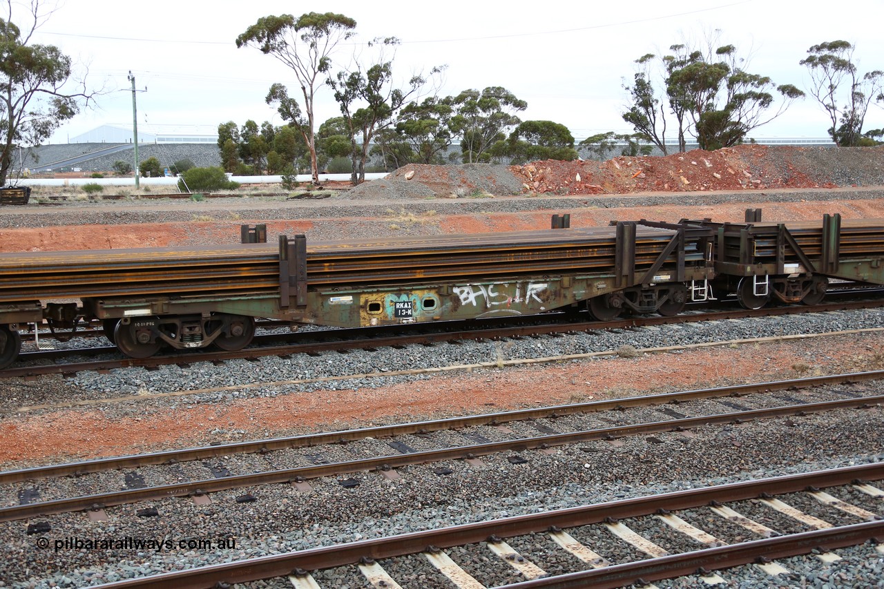 160524 4305
West Kalgoorlie, 1MP2 steel train, RKAX 13, 2-pack rail transport waggon, Platform 2, this waggon was converted by Port Augusta Workshops from two original FBX type waggons built in 1968-69 by Islington Workshops in a batch of twenty later coded AFCX. AFCX 13 & AKAX 5 where the donors for this waggon. Loaded with a full load of rail strings.
Keywords: RKAX-type;RKAX13;SAR-Islington-WS;FBX-type;