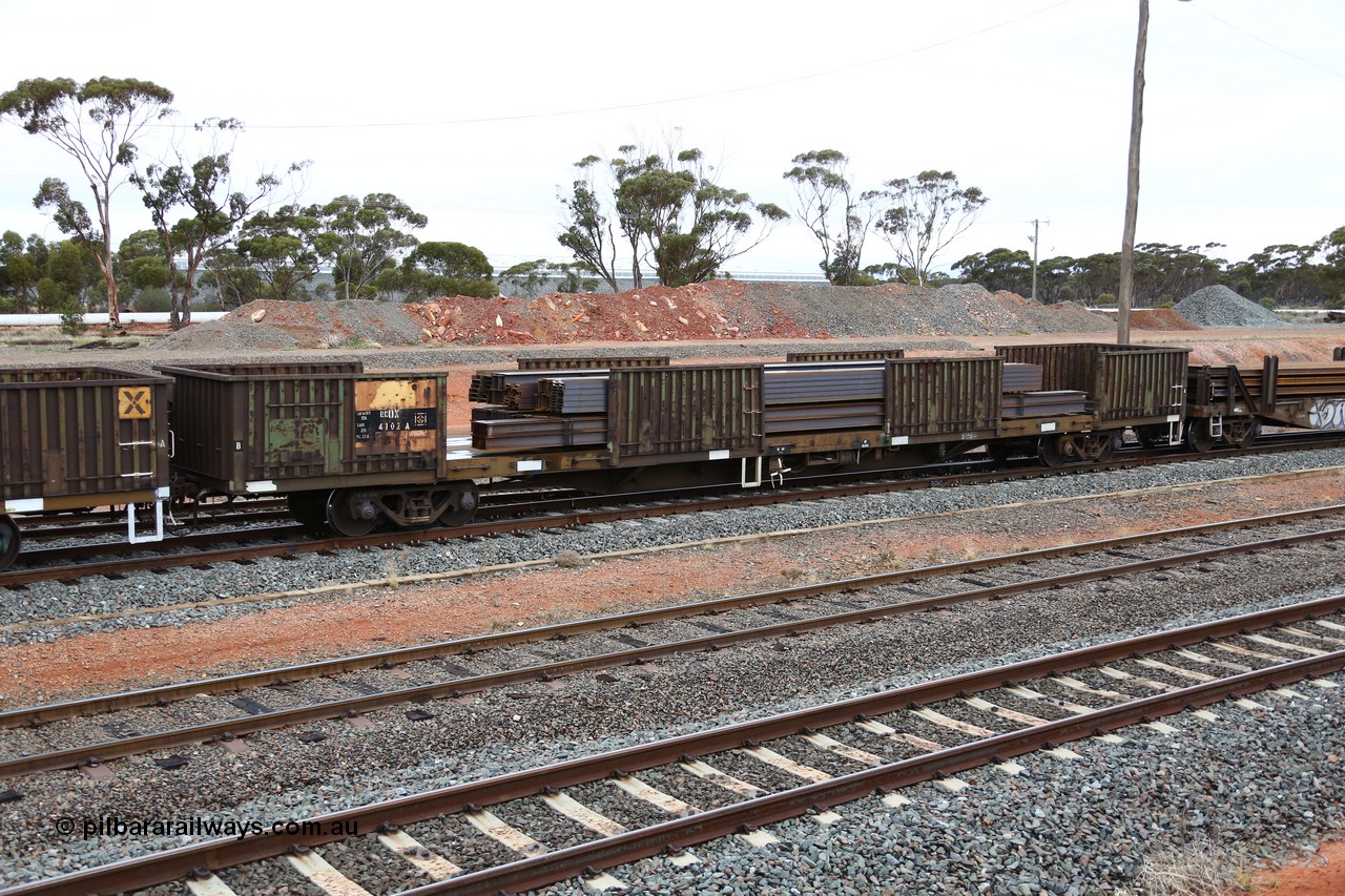 160524 4308
West Kalgoorlie, 1MP2 steel train, RKOX 4102, originally built by Transfield WA in 1976 as part of a batch of two hundred GOX type open waggons, recoded to AOOX, then to AKOX. Loaded with long products.
Keywords: RKOX-type;RKOX4102;Transfield-WA;GOX-type;AOOX-type;AKOX-type;