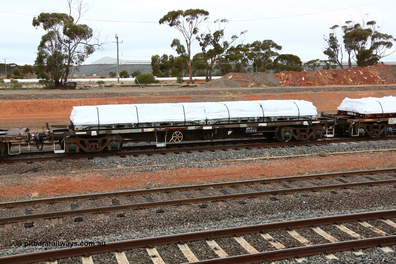 160524 4316
West Kalgoorlie, 1MP2 steel train, NQTY 20983 loaded with two plastic wrapped 22P3 type flatrack units. Originally built in the third contract of two hundred NODY type open waggons built by EPT NSW in 1980/81. Several recodes later it is fitted for containers, primarily steel traffic.
Keywords: NQTY-type;NQTY20983;EPT-NSW;NODY-type;