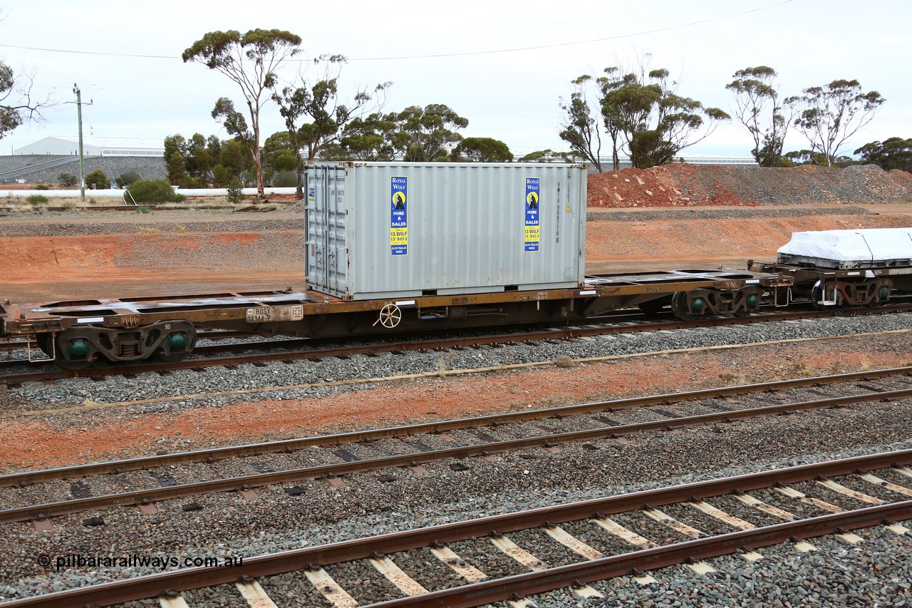 160524 4317
West Kalgoorlie, 1MP2 steel train, RQSY 34344 container waggon loaded with a Royal Wolf 25G1 type 20' box RWTU 966778. Originally built by Goninan NSW as an OCY type container waggon as part of a batch of one hundred in 1974-75.
Keywords: RQSY-type;RQSY34344;Goninan-NSW;OCY-type;NQOY-type;