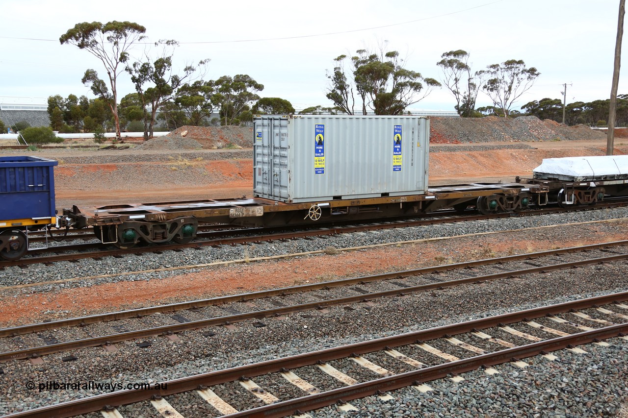 160524 4318
West Kalgoorlie, 1MP2 steel train, RQSY 34344 container waggon loaded with a Royal Wolf 25G1 type 20' box RWTU 966778. Originally built by Goninan NSW as an OCY type container waggon as part of a batch of one hundred in 1974-75.
Keywords: RQSY-type;RQSY34344;Goninan-NSW;OCY-type;NQOY-type;