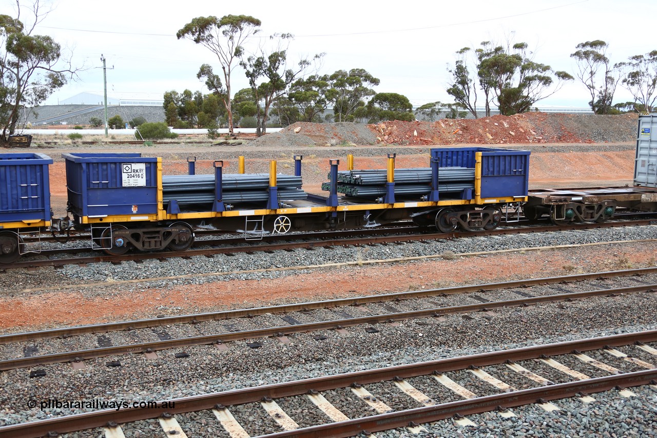 160524 4319
West Kalgoorlie, 1MP2 steel train, RKBY 20416 loaded with steel rods. RKBY 20416 is from the first order of two hundred BDY type open waggons built by EPT in NSW in 1977/78.
Keywords: RKBY-type;RKBY20416;EPT-NSW;BDY-type;NODY-type;