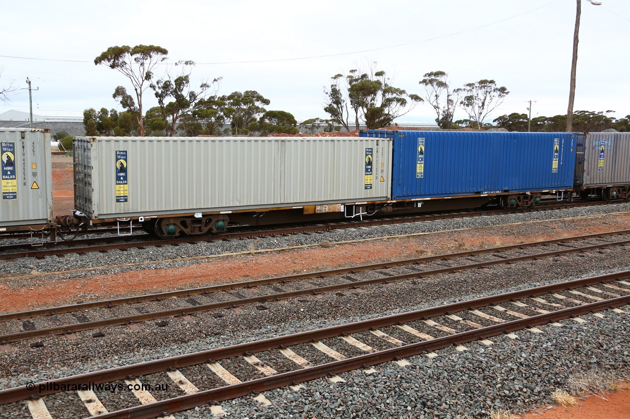 160524 4323
West Kalgoorlie, 1MP2 steel train, RQJW 21951, first of the fourth batch of twenty five built by Mittagong Engineering NSW in 1980/81 as the JCW type 80' container waggon, recoded to NQJW. Loaded with two Royal Wolf 40' boxes, 42G1 type RWTU 431644 and 4EG1 type RWTU 941222.
Keywords: RQJW-type;RQJW21951;Mittagong-Engineering-NSW;JCW-type;NQJW-type;