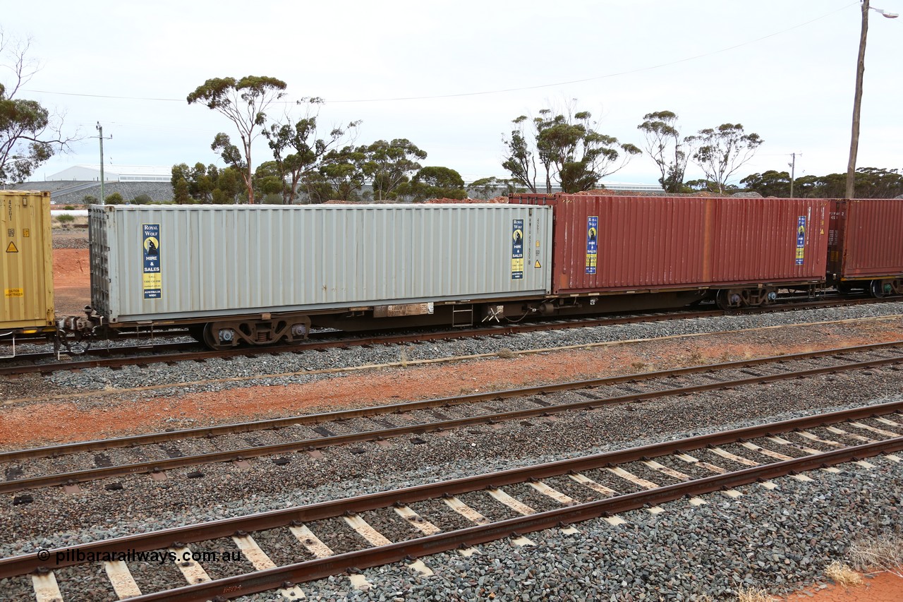 160524 4327
West Kalgoorlie, 1MP2 steel train, RQWW 22007 container waggon, one of thirty two built by Comeng NSW in 1973-75 as JCW type 80' container waggon, recoded to NQTW, then NQWW. These differ from the follow on batches of the JCW type. Loaded with two 40' boxes, Royal Wolf 42G1 type RWTU 431600 and 4EG1 type RWLU 491119.
Keywords: RQWW-type;RQWW22007;Comeng-NSW;JCW-type;NQTW-type;NQWW-type;
