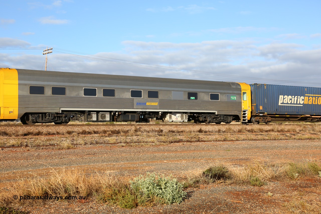160525 4440
Parkeston, 3PM7 priority service train, crew accommodation coach RZAY 940, built by Comeng NSW in 1968 as ARJ 240, a stainless steel, air conditioned, roomette sleeping car, rebuilt by AN Rail Port Augusta Workshops to RZAY in 1997.
Keywords: RZAY-type;RZAY940;Comeng-NSW;ARJ-type;ARJ240;ARJ940;