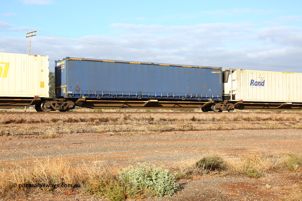 160525 4443
Parkeston, 3PM7 priority service train, RQQY 7077 platform 3 of 5-pack articulated skel waggon set, 1 of 17 built by Qld Rail at Ipswich Workshops in 1995, 48' Pacific National curtainsider PNXC 5659.
Keywords: RQQY-type;RQQY7077;Qld-Rail-Ipswich-WS;