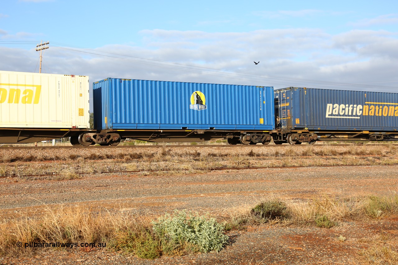 160525 4470
Parkeston, 3PM7 priority service train, RRAY 7190 platform 1 of 5-pack articulated skel waggon set, one of 100 built by ABB Engineering NSW 1996-2000, 40' deck with Royal Wolf 40' container RWTU 941320.
Keywords: RRAY-type;RRAY7190;ABB-Engineering-NSW;