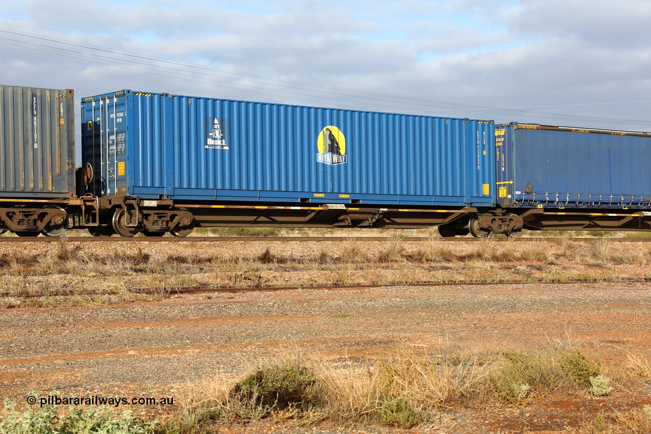 160525 4502
Parkeston, 3PM7 priority service train, RQQY 7079 platform 1 of 5-pack articulated skel waggon set, one of seventeen sets built by Qld Rail at Ipswich Workshops in 1995, 48' Royal Wolf box RVTU 922062.
Keywords: RQQY-type;RQQY7079;Qld-Rail-Ipswich-WS;