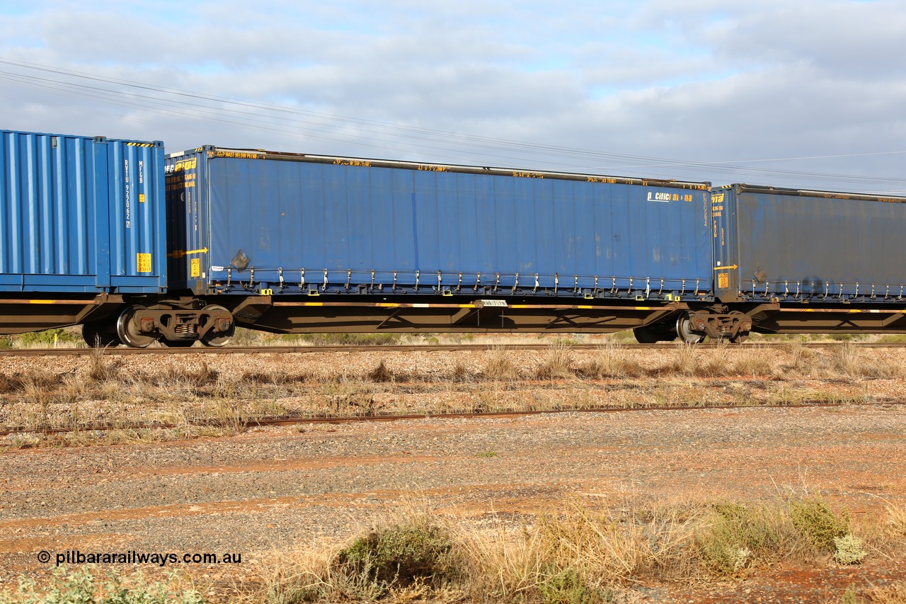 160525 4503
Parkeston, 3PM7 priority service train, RQQY 7079 platform 2 of 5-pack articulated skel waggon set, one of seventeen sets built by Qld Rail at Ipswich Workshops in 1995, 48' Pacific National curtainsider PNXC 5624.
Keywords: RQQY-type;RQQY7079;Qld-Rail-Ipswich-WS;