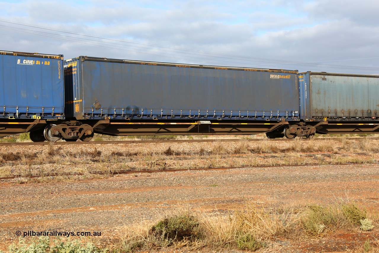 160525 4504
Parkeston, 3PM7 priority service train, RQQY 7079 platform 3 of 5-pack articulated skel waggon set, one of seventeen sets built by Qld Rail at Ipswich Workshops in 1995, 48' Pacific National curtainsider PNXM 5210.
Keywords: RQQY-type;RQQY7079;Qld-Rail-Ipswich-WS;