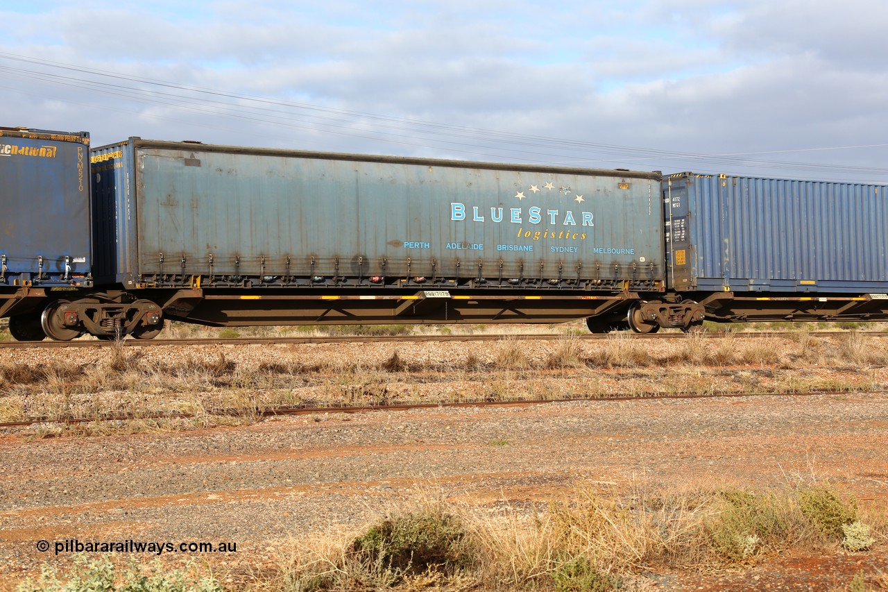 160525 4505
Parkeston, 3PM7 priority service train, RQQY 7079 platform 4 of 5-pack articulated skel waggon set, one of seventeen sets built by Qld Rail at Ipswich Workshops in 1995, 48' Pacific National curtainsider stencilled for Bluestar Logistics PNXC 4497.
Keywords: RQQY-type;RQQY7079;Qld-Rail-Ipswich-WS;