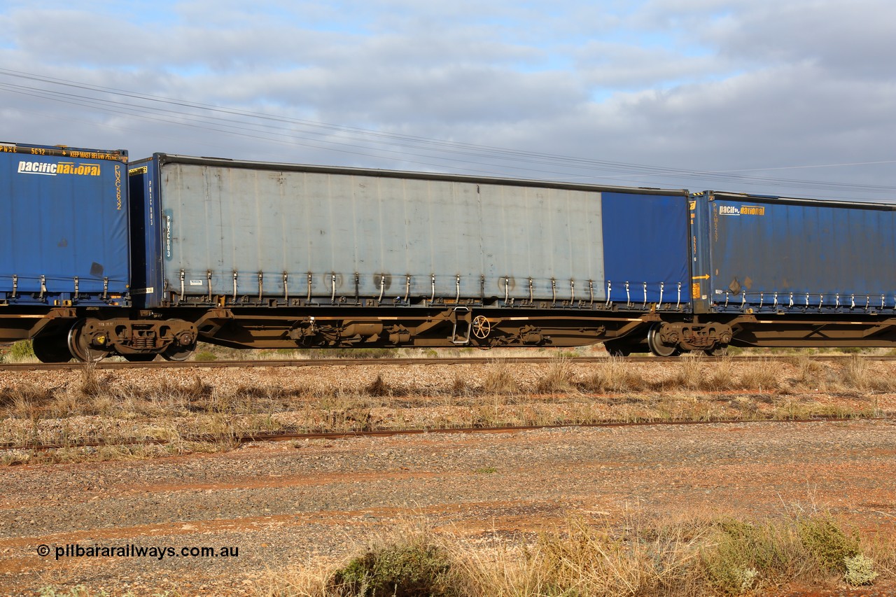 160525 4516
Parkeston, 3PM7 priority service train, RRQY 7327 platform 3 of 5-pack articulated skel waggon set built by Qiqihar Rollingstock Works China in 2005 for Pacific National, with a 48' Pacific National curtainsider PNXC 003.
Keywords: RRQY-type;RRQY7327;Qiqihar-Rollingstock-Works-China;