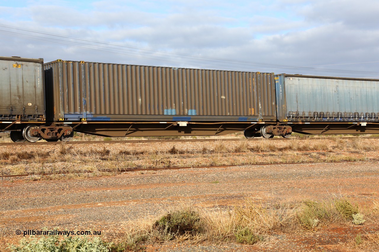160525 4522
Parkeston, 3PM7 priority service train, RRAY 7208 platform 3 of 5-pack articulated skel waggon set, one of 100 built by ABB Engineering NSW 1996-2000, 48' deck with a plain blue Pacific National 48' box PNXD 022.
Keywords: RRAY-type;RRAY7208;ABB-Engineering-NSW;