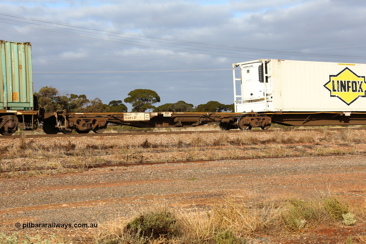 160525 4534
Parkeston, 3PM7 priority service train, RRAY 7229 platform 5 of 5-pack articulated skel waggon set, one of 100 built by ABB Engineering NSW 1996-2000, 40' deck empty.
Keywords: RRAY-type;RRAY7229;ABB-Engineering-NSW;