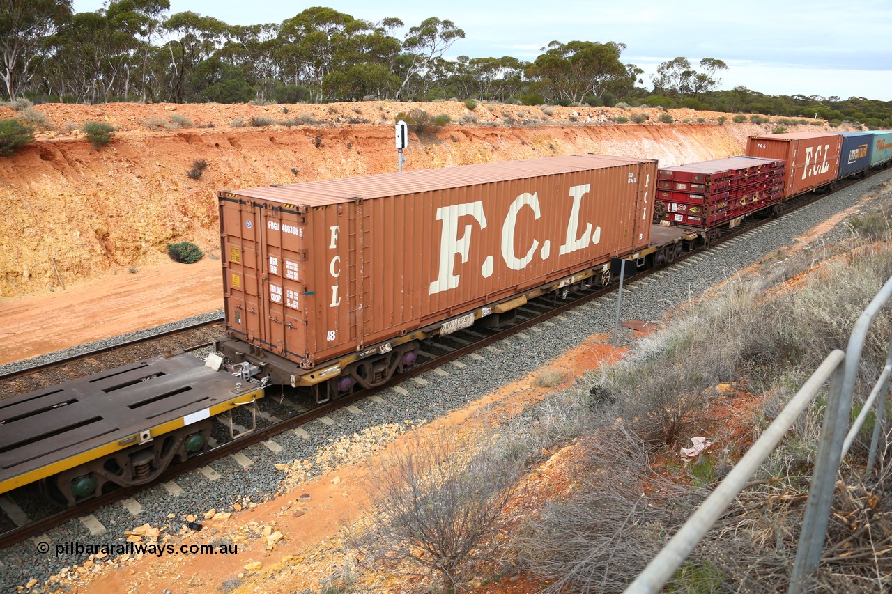 160526 5207
West Kalgoorlie, 4PM6 intermodal train, NQOY 14929 container waggon, one of fifty units built by Comeng NSW in 1974-75 as OCY class, FCL 48' container FBGU 480308.
Keywords: NQOY-type;NQOY14929;Comeng-NSW;OCY-type;