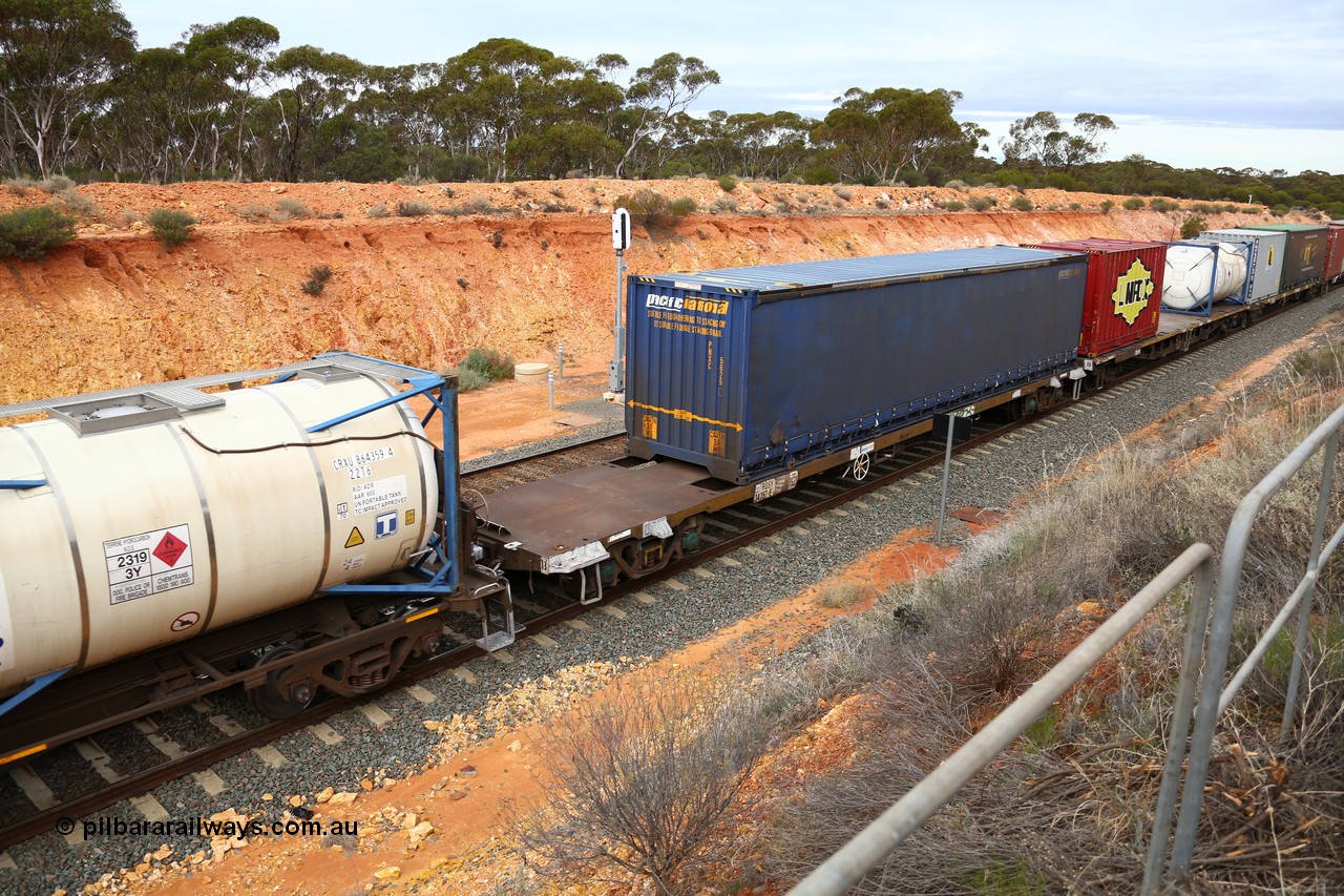 160526 5209
West Kalgoorlie, 4PM6 intermodal train, RQSY 34357 container waggon, one of a batch of one hundred built by Goninan NSW in 1974-75 as OCY class, recoded to NQOY, then NQSY. Pacific National 48' curtainsider PNXC 5625.
Keywords: RQSY-type;RQSY34357;Goninan-NSW;OCY-type;NQOY-type;NQSY-type;