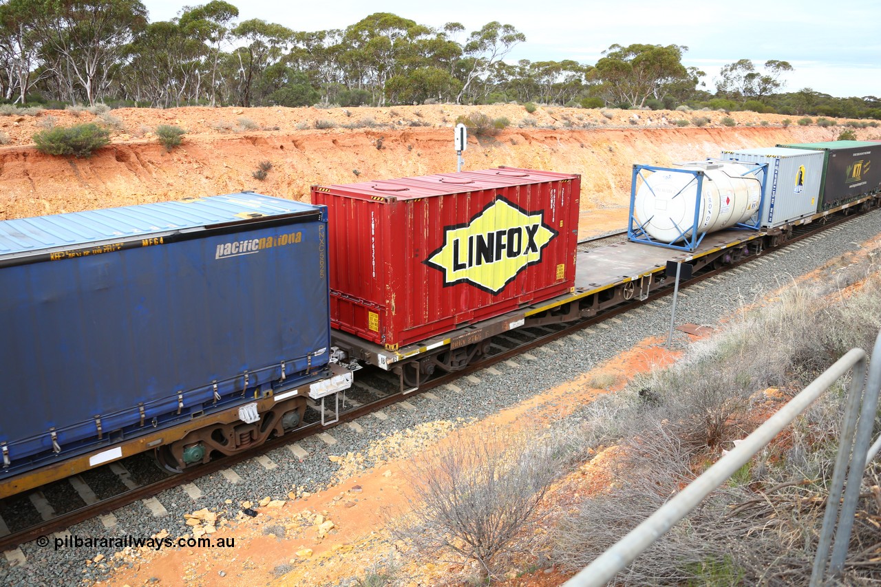 160526 5210
West Kalgoorlie, 4PM6 intermodal train, RRKY 2766 container waggon, one of fifty five built by Perry Engineering SA in 1974 as class RMX, recoded to AQMX, AQSY, RQKY, 20' Linfox FSWB 963501 top loading container and a Cronos 20' tanktainer CRXU 861086.
Keywords: RRKY-type;RRKY2766;Perry-Engineering-SA;RMX-type;AQMX-type;AQSY-type;RQKY-type;