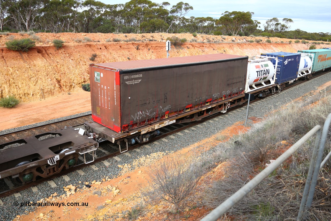 160526 5215
West Kalgoorlie, 4PM6 intermodal train, RQKY 2693 container waggon, built by Perry Engineering SA in 1974 in a batch of seventy four coded RM class, fitted with aligned bogies and recoded to AQMP, with a 40' K+S Freighters curtainsider ISKU 400608 and a 20' Titan tanktainer.
Keywords: RQKY-type;RQKY2693;Perry-Engineering-SA;RM-type;AQMP-type;