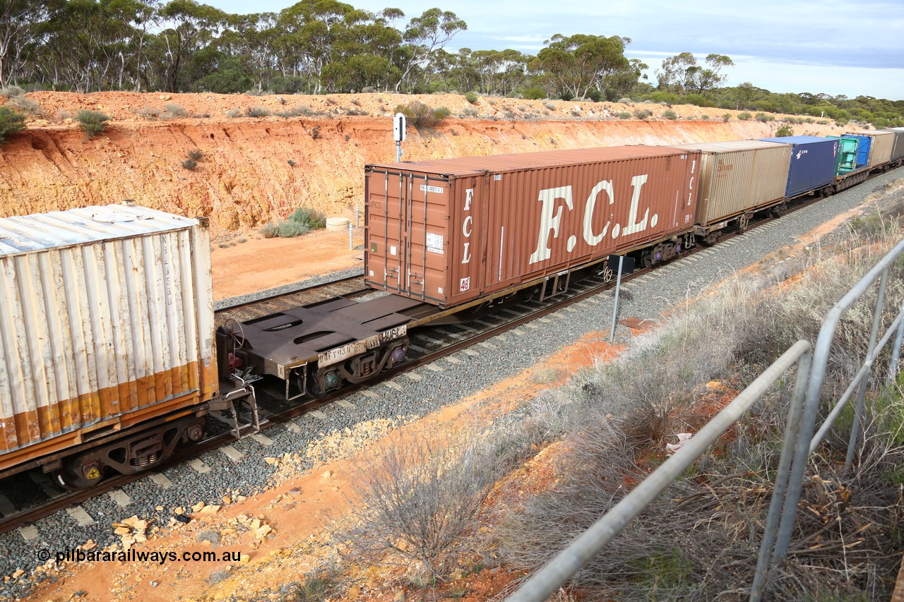 160526 5218
West Kalgoorlie, 4PM6 intermodal train, RQFY 93 container waggon, built by Victorian Railways Bendigo Workshops in 1980 as a batch of seventy five VQFX type skeletal container waggons, recoded to VQFY, then RQFF, then 2CM bogies fitted in 1995, 48' FCL box FBGU 480114.
Keywords: RQFY-type;RQFY93;Victorian-Railways-Bendigo-WS;VQFX-type;RQFF-type;