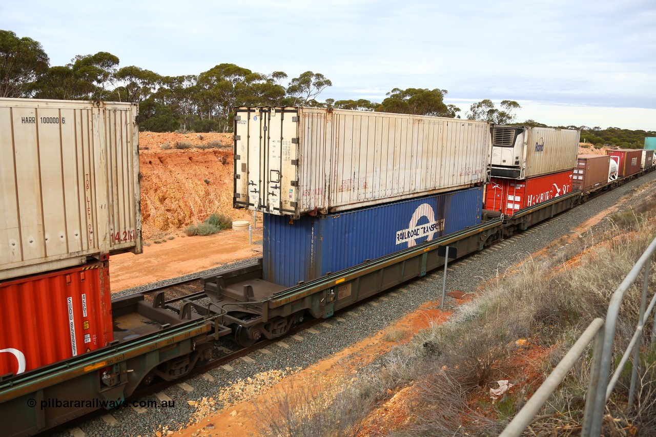 160526 5229
West Kalgoorlie, 4PM6 intermodal train, RRXY 6 platform 2 of 5-pack well waggon set, one of eleven built by Bradken Qld in 2002 for Toll from a Williams-Worley design with a Railroad Transport 40' box RRTU 004093 in the well with an unmarked RAND 46' 6