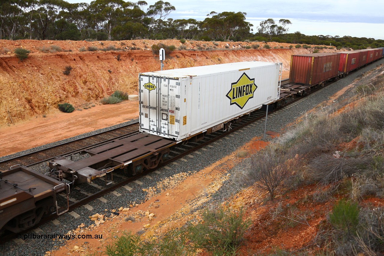 160526 5237
West Kalgoorlie, 4PM6 intermodal train, RQJW 21977 80' container waggon, one of twenty five built by Mittagong Engineering NSW as JCW type in 1980, 46' 6