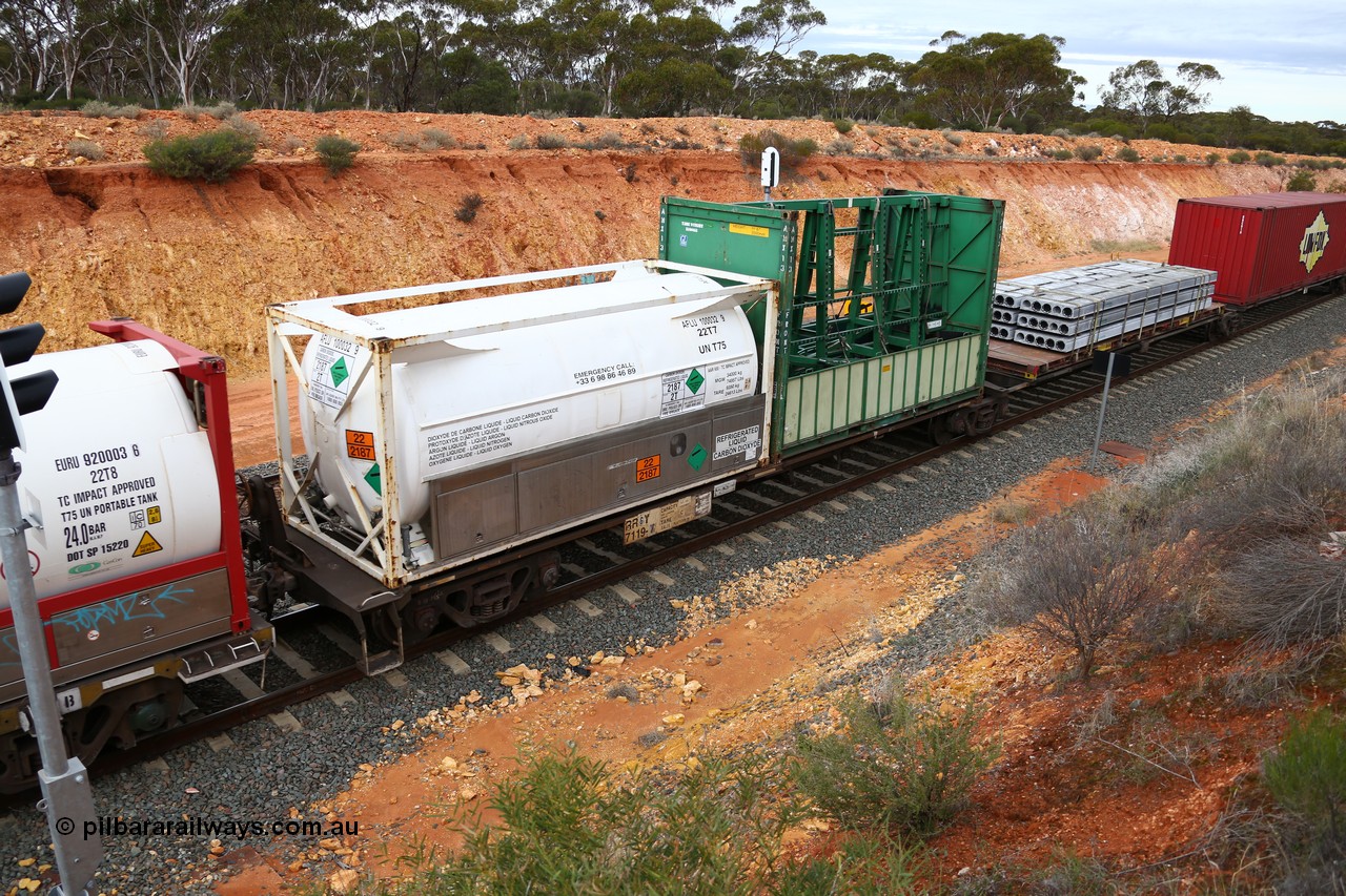160526 5241
West Kalgoorlie, 4PM6 intermodal train, RRGY 7119 platform 5 of 5-pack articulated skel waggon, one of fifty originally built by AN Rail Islington Workshops in 1996-97 as class RRBY, later rebuilt with 48' intermediate decks and coded RRGY, 40' deck with a 20' Air Liquide WA tanktainer AFLU 100032 carrying carbon dioxide and a 20' former Pilkington Glass sheet carrier now coded AMX 13.
Keywords: RRGY-type;RRGY7119;AN-Islington-WS;RRBY-type;