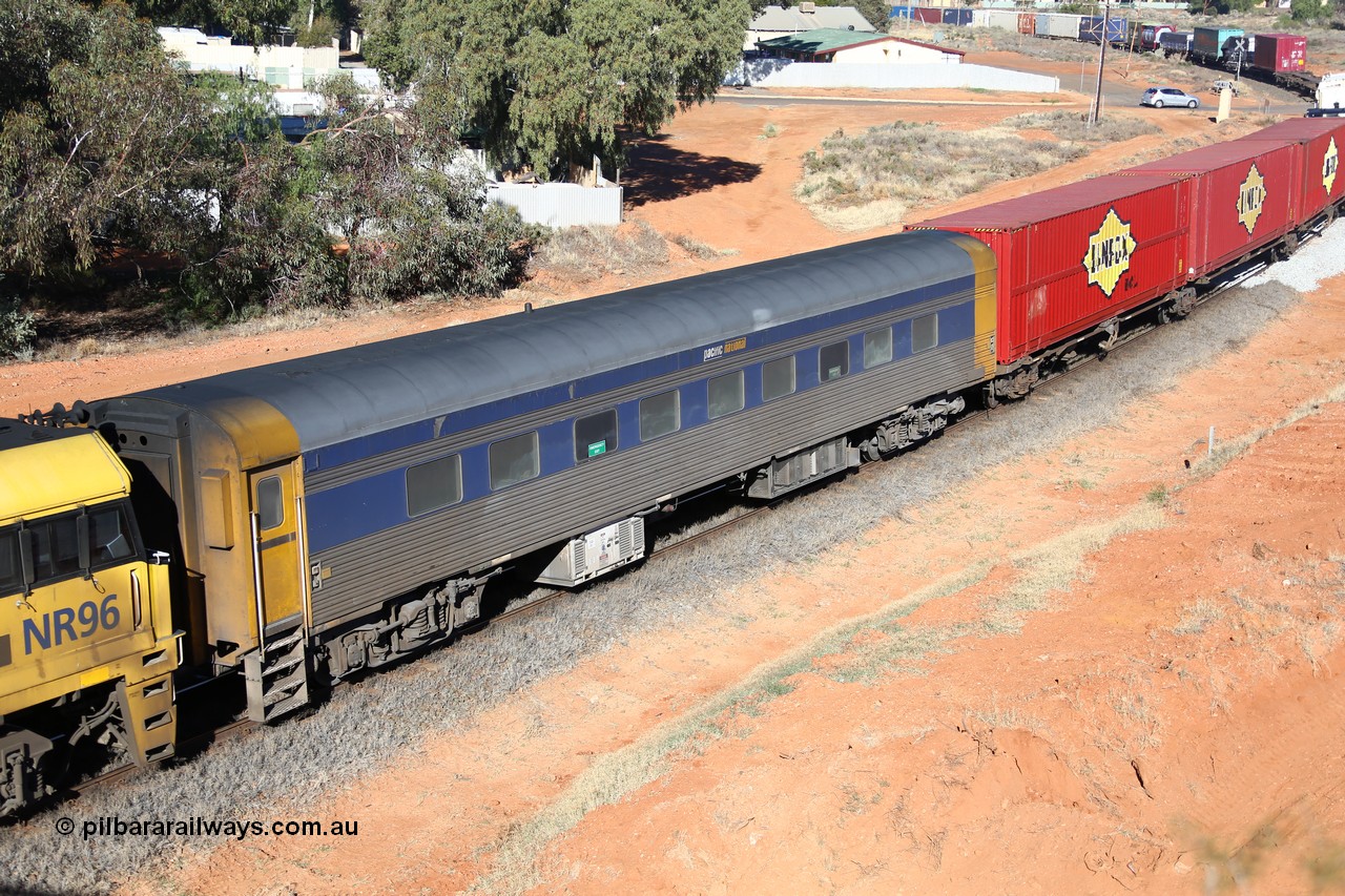 160527 5516
Kalgoorlie, 5PS6 intermodal train, crew accommodation coach RZEY 3, built by South Australian Railways Islington Workshops in 1956 as Tolkini for The Overland, renamed to Malkari in 1957 then coded JTA 3 in 1987, converted to crew coach in 2007 by Bluebird Rail Operations.
Keywords: RZEY-type;RZEY3;SAR-Islington-WS;JTA-type;JTA3;Tolkini;Malkari;
