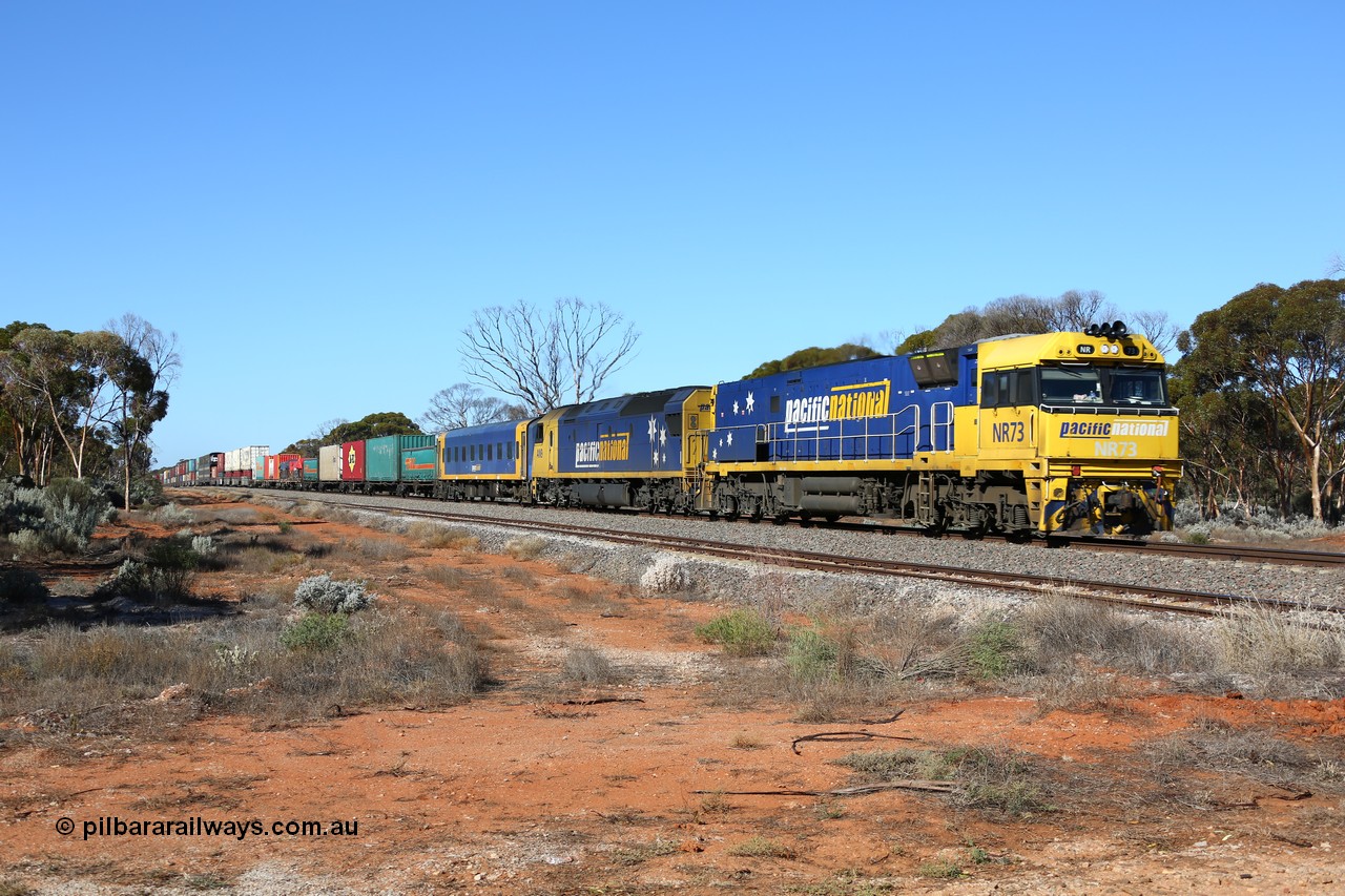 160527 5565
Karonie, 4MP5 intermodal train, Goninan built GE model Cv40-9i NR class unit NR 73 serial 7250-01/97-275 leads Clyde Engineering EMD model JT46C AN class AN 9 serial 93-1305.
Keywords: NR-class;NR73;Goninan;GE;Cv40-9i;7250-01/97-275;
