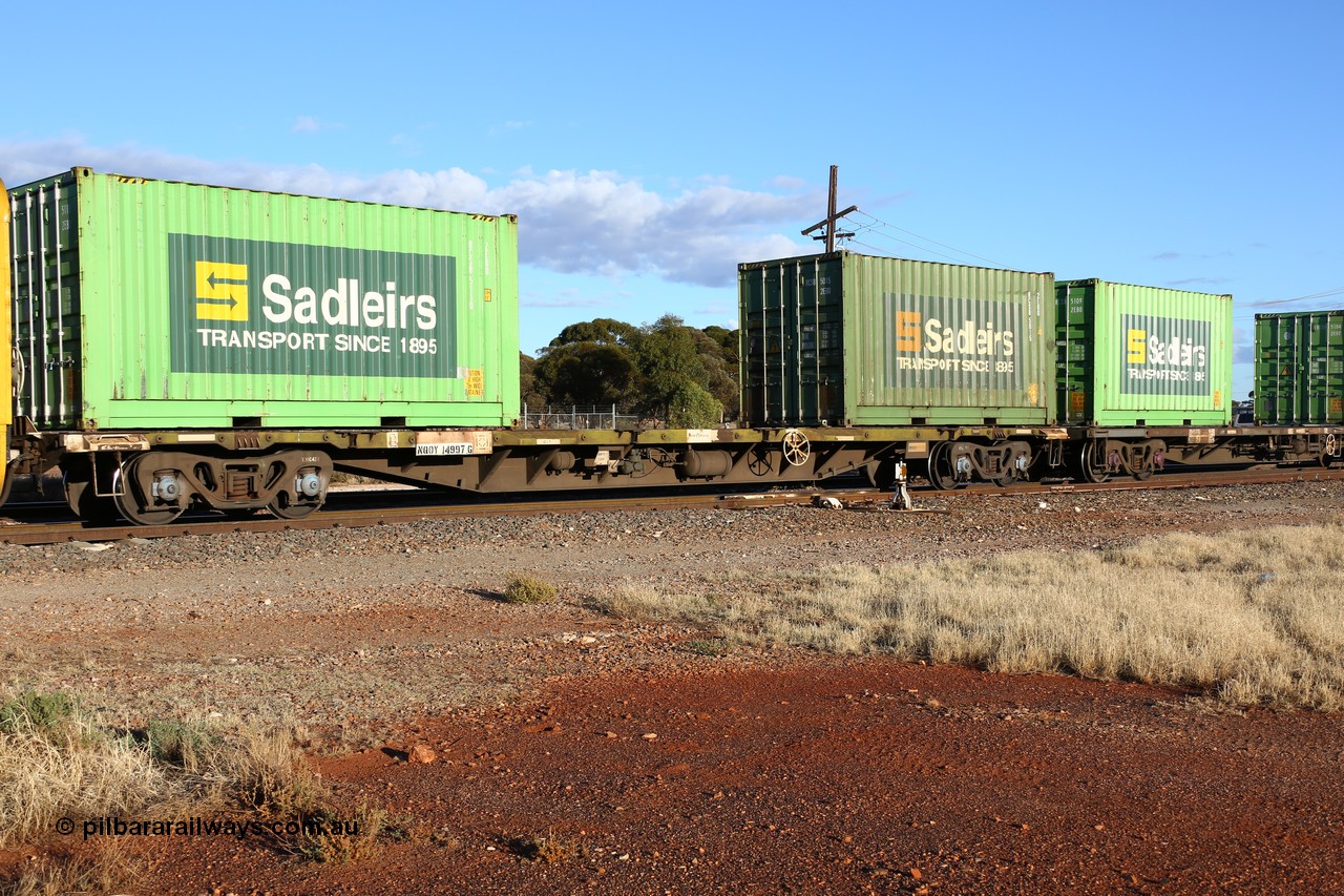160528 8316
Parkeston, priority service 6PS7, NQOY 14997 container waggon, one of fifty built by Tulloch Ltd NSW as type OCY in 1974-75, loaded with two Sadleirs 20' 2BE0 type boxes RCSB 5110 and RCSB 5015.
Keywords: NQOY-type;NQOY14997;Tulloch-Ltd-NSW;OCY-type;