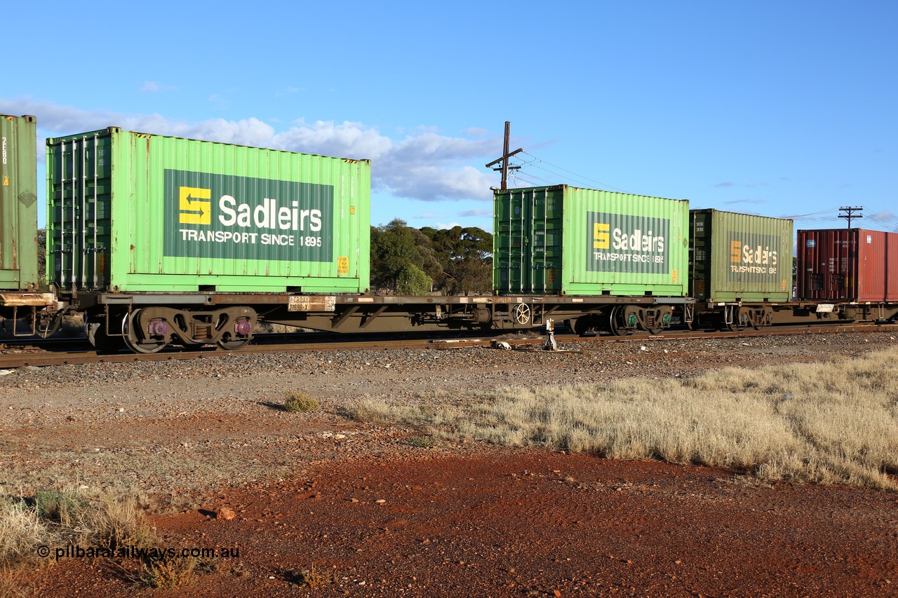 160528 8317
Parkeston, priority service 6PS7, RQAY 21896 container waggon, one of a hundred waggons built in 1981 by EPT NSW as type NQAY, recoded to RQAY in 1994 under National Rail. Loaded with two Sadleirs 20' 2BE0 type boxes RCSB 5109 and RCSB 5104.
Keywords: RQAY-type;RQAY21896;EPT-NSW;NQAY-type;