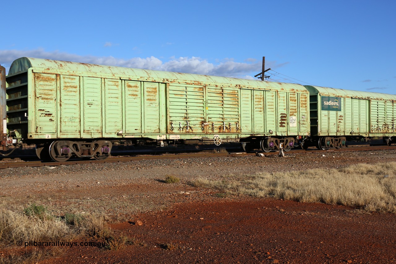 160528 8320
Parkeston, priority service 6PS7, RLUY 18724 louvre van, one of a one hundred and fifty batch order from Comeng NSW as KLY type built in 1975-76, recoded to NLKY, then NLUY, wearing Sadleirs green.
Keywords: RLUY-type;RLUY18724;Comeng-NSW;KLY-type;NLKY-type;NLUY-type;