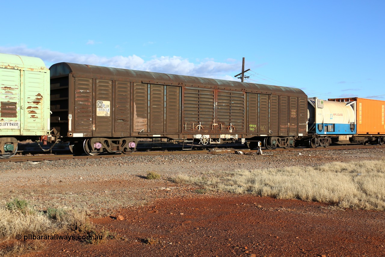 160528 8322
Parkeston, priority service 6PS7, RLUY 18683 louvre van, one of a one hundred and fifty batch order from Comeng NSW as KLY type built in 1975-76, recoded to NLKY, then NLUY.
Keywords: RLUY-type;RLUY18683;Comeng-NSW;KLY-type;NLKY-type;NLUY-type;