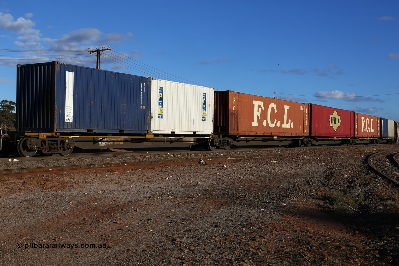 160528 8336
Parkeston, 5SP5 intermodal train, RRQY 8517 5-pack RRQY articulated skel waggon, built by Qiqihar Rollingstock Works China in 2013 loaded with a mix of 20' and 48' boxes.
Keywords: RRQY-type;RRQY8517;Qiqihar-Rollingstock-Works-China;