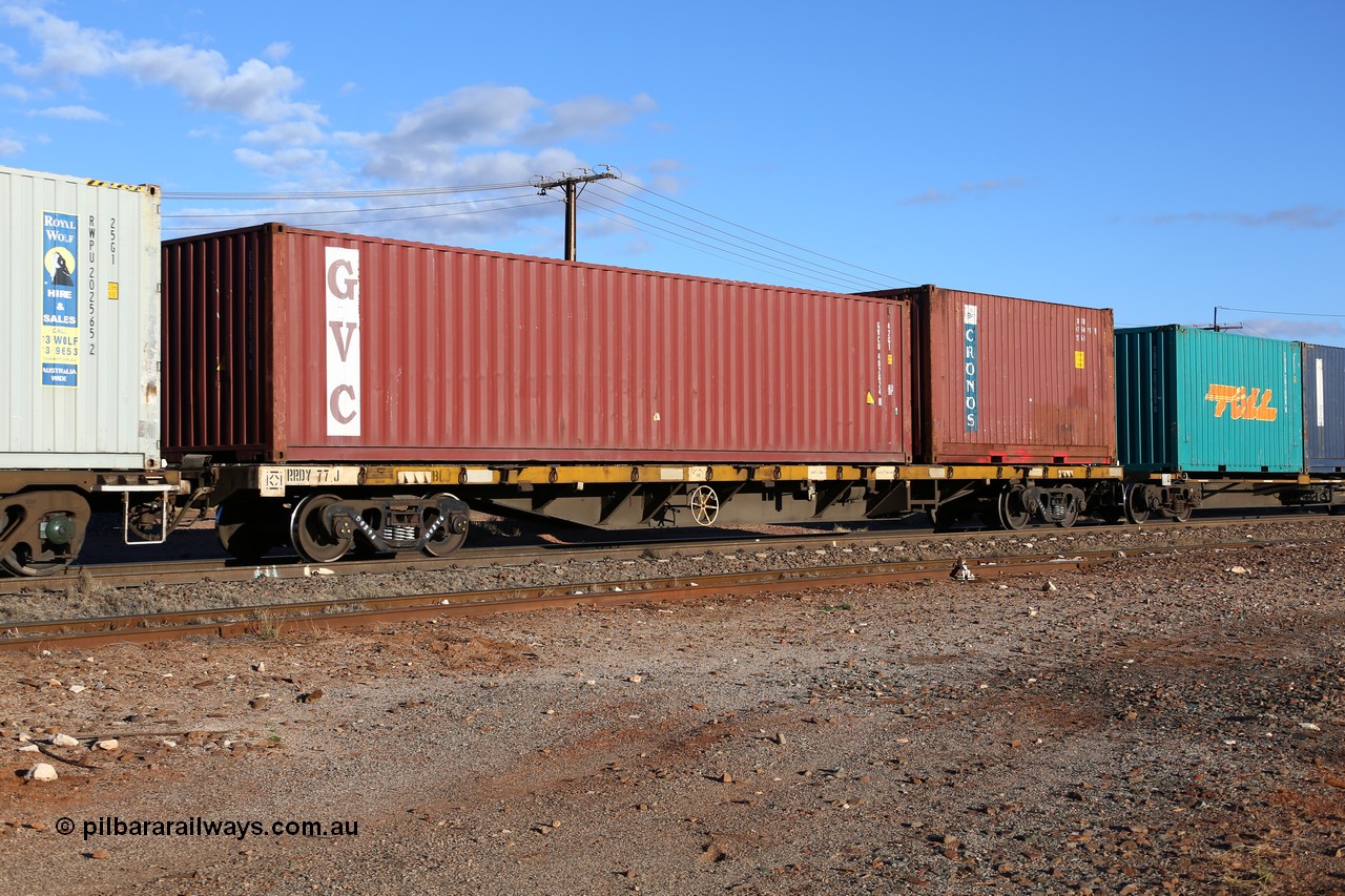 160528 8337
Parkeston, 5SP5 intermodal train, RRDY type 60' container waggon RRDY 77 appears to be a former SAR FQX / AQCX type waggon. Loaded with an old Cronos 20' 2EG1 type box CRYU 476415[9] and a GVC 42G1 type 40' box GVCU 402624[8].
Keywords: RRDY-type;RRDY77;SAR-Islington-WS;FQX-type;