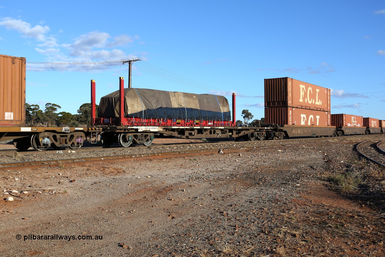 160528 8344
Parkeston, 5SP5 intermodal train, RRKY container waggon RRKY 4302, originally built as an RMX type 63' flat waggon by Perry Engineering SA in 1975. Recoded to AQMX, then AQMY and RQMY. Loaded with a Linfox 40' flatrack FCCU 4010# with a tarped load.
Keywords: RRKY-type;RRKY4302;Perry-Engineering-SA;RMX-type;AQMX-type;AQSY-type;RQKY-type;