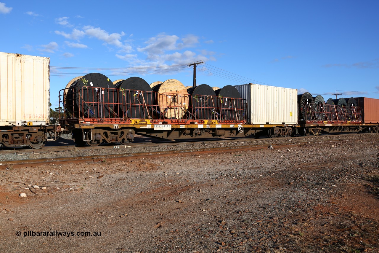160528 8356
Parkeston, 5SP5 intermodal train, RQSY 34493 container waggon, part of one hundred built by Tulloch NSW in 1974/75 as OCY type. Loaded with a 20' Royal Wolf 25G1 type box RWLU 739016[9] and a Simon 40' flatrack FD 66 with cable drums.
Keywords: RQSY-type;RQSY34493;Tulloch-Ltd-NSW;OCY-type;
