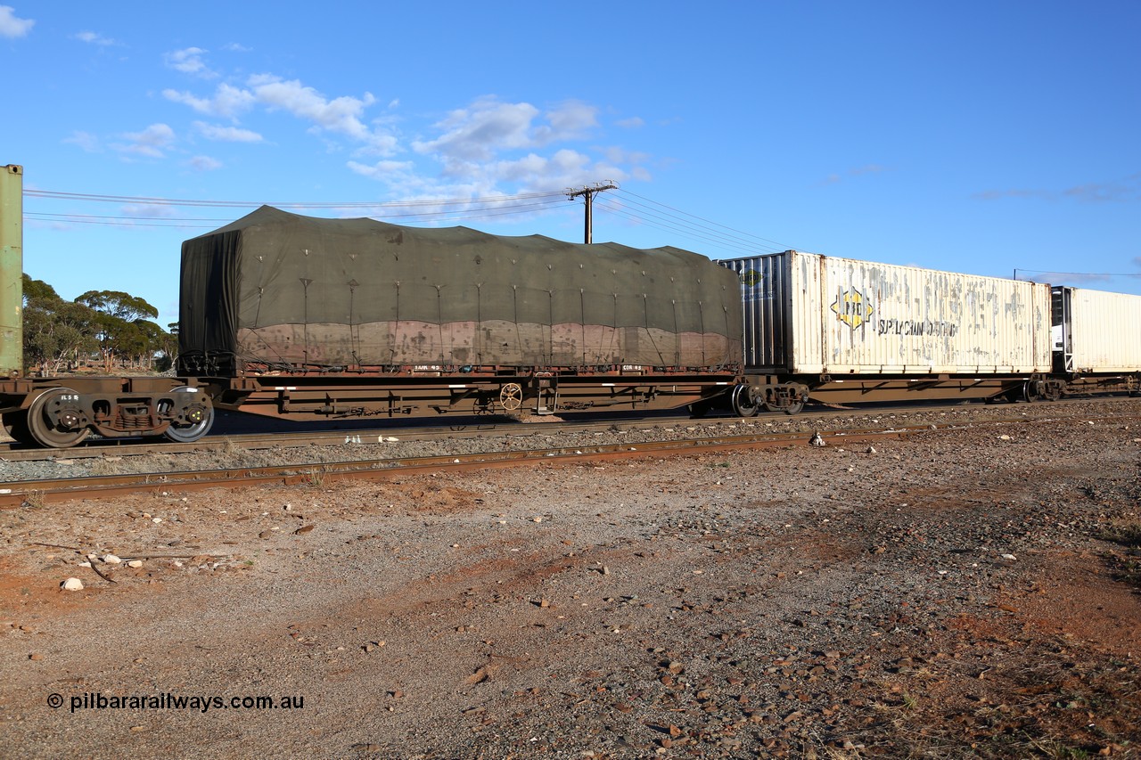 160528 8359
Parkeston, 5SP5 intermodal train, PRXY 5004 originally owned by FCL, five PRXY type articulated five pack container waggon sets with 48' decks were built by Qiqihar Rollingstock Works in China in 2005, with a 40' flatrack COR 43 with a tarped load.
Keywords: PRXY-type;PRXY5004;Qiqihar-Rollingstock-Works-China;