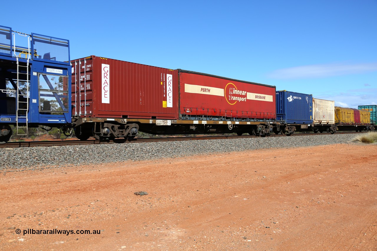 160528 8391
Binduli, intermodal train 6PM6, RQGY 34440 container waggon, built by Tulloch Ltd NSW as type OCY in 1974/75, with Grace 20' box GRRU 230787 and Kinnear Transport 40' curtainsider.
Keywords: RQGY-type;RQGY34440;Tulloch-Ltd-NSW;OCY-type;NQOY-type;