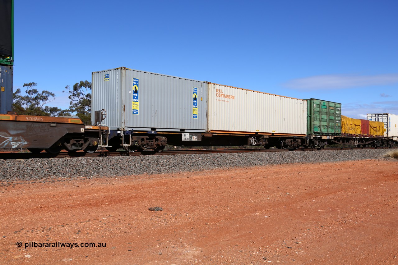 160528 8425
Binduli, intermodal train 6PM6, RQHY type 3 TEU container waggon RQHY 7063, built by Qiqihar Rollingstock Works in China as part of a seventy eight unit order in 2005/06 for Pacific National. Loaded with a 20' Royal Wolf 25G1 type container RWPU 302927 and a 40' SCF Rail Containers 4GE1 type container TSPD 411007.
Keywords: RQHY-type;RQHY7063;Qiqihar-Rollingstock-Works-China;