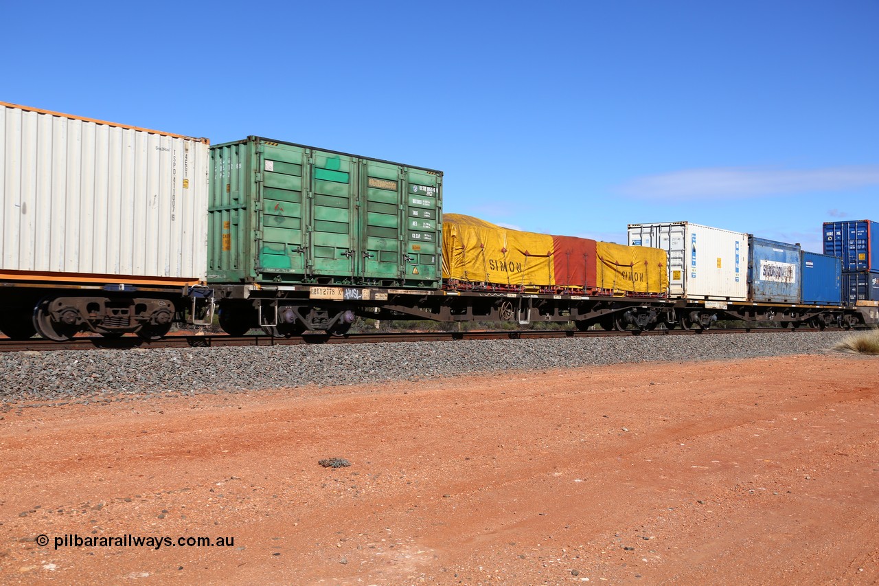 160528 8426
Binduli, intermodal train 6PM6, RRKY type container waggon RRKY 2778 originally built by Perry Engineering SA in 1974 as RMX type in a batch of fifty five waggons. Recoded to AQMX then AQSY in 1988, then to RQKY in 1994. loaded with a 20' 2PG2 type side door container QLSU 305126 and a 40' flatrack with Simon tarped load.
Keywords: RRKY-type;RRKY2778;Perry-Engineering-SA;RMX-type;AQMX-type;AQSY-type;RQKY-type;
