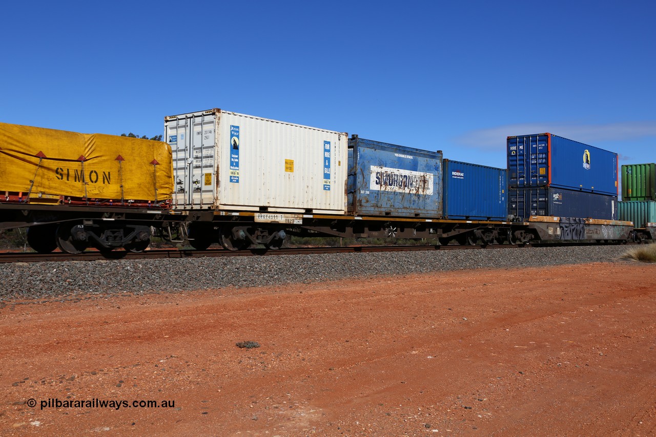 160528 8427
Binduli, intermodal train 6PM6, RRKY type container waggon RRKY 4311 originally built by Perry Engineering SA in 1976 as an RMX type in a batch of one hundred and fifty waggons, recoded to AQMX, then AQSY in 1986 and RQMF in 1994. Loaded with three 20' containers, Royal Wolf 25G1 type RWPU 201146, Smorgon Steel open top RTP 2019 and Bridgehead Container Services 22G1 type BHCU 318011.
Keywords: RRKY-type;RRKY4311;Perry-Engineering-SA;RMX-type;AQMX-type;AQSY-type;RQKY-type;