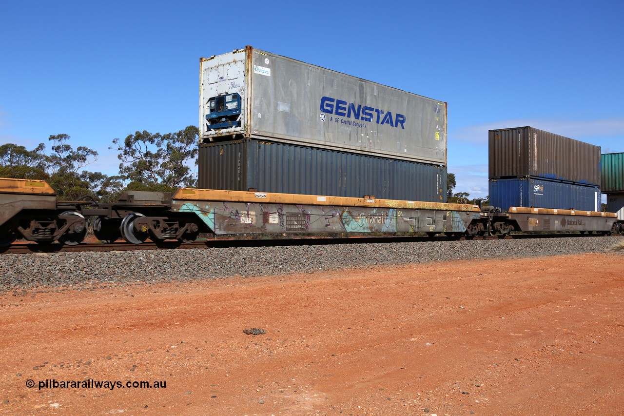 160528 8432
Binduli, intermodal train 6PM6, RQZY 7054 platform 5 of five unit bar coupled well container waggon set built in a batch of thirty two by Goninan NSW in 1995/96, loaded with an unmarked 40' 4EG1 type container RTPU 4018 double stacked with a GENSTAR 40' reefer container GCEU 666489 with Cooltainer decals.
Keywords: RQZY-type;RQZY7054;Goninan-NSW;