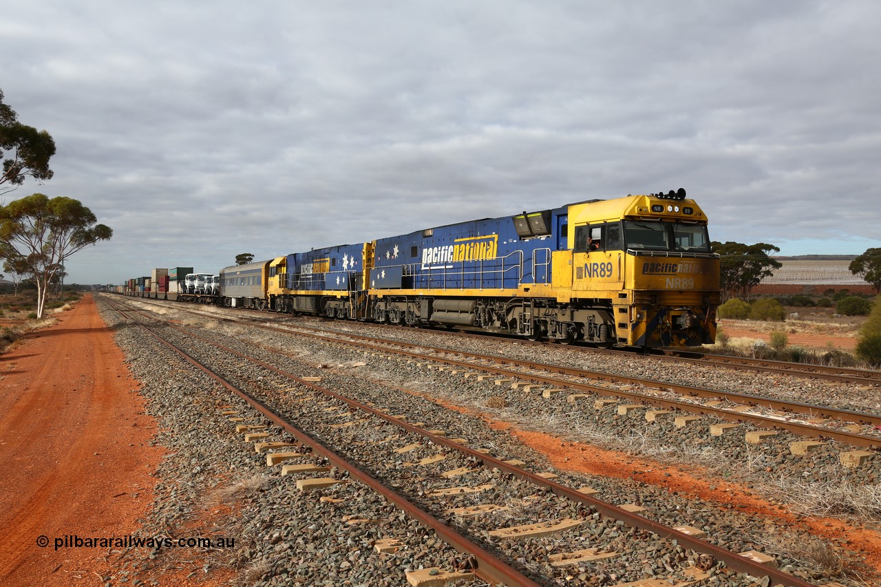 160529 8758
Parkeston, 6MP4 intermodal train, arrives on the mainline behind a pair of Goninan built GE model Cv40-9i NR class units NR 89 serial 7250-05 / 97-292 and NR 4 serial 7250-11 / 96-206.
Keywords: NR-class;NR89;Goninan-WA;GE;Cv40-9i;7250-05/97-292;