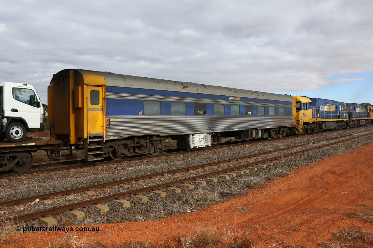 160529 8763
Parkeston, 6MP4 intermodal train with crew accommodation coach RZEY 4, built by South Australian Railways Islington Workshops as Purpawi in 1955 for use on The Overland, coded JRA 4, to West Coast Railway, converted to RZEY by Bluebird Rail Operations 2007.
Keywords: RZEY-type;RZEY4;SAR-Islington-WS;JRA-type;JRA4;Purpawi;