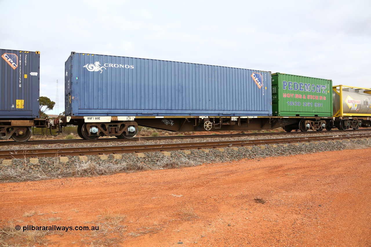 160529 8780
Parkeston, 6MP4 intermodal train, RQFY 80 container waggon, built by Victorian Railways Bendigo Workshops in 1980 as a batch of seventy five VQFX type skeletal container waggons, recoded to VQFY c1985, then RQFY May 1994, May 1995 to RQFF, then 2CM bogies fitted in Aug 1995 and current code Feb 1996, loaded with a 40' 4EG1 type Conos box CXSU 103748[8] and a 20' 2EG1 type Pedemonts box PHR 529.
Keywords: RQFY-type;RQFY80;Victorian-Railways-Bendigo-WS;VQFX-type;